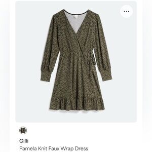 Olive and Black Flower Patterned Long Sleeve Wrap Dress